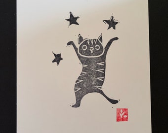 Art linogravure chat dansant