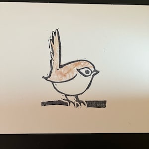 Fairy Wren Block Print and Watercolor Art