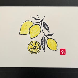 Lemon Tree Linocut Print- Watercolor Painting -Hand Printed and Painted-Perfect Gift