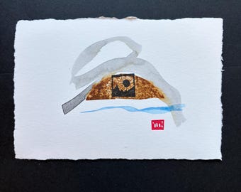 Mountain Moon-Tiny Original Linocut Watercolor Painting