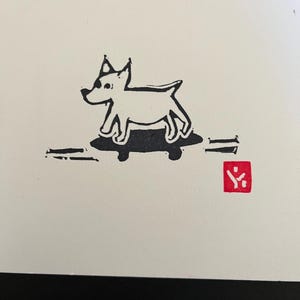 Dog and on a Skateboard -Small Block Print- Cute Funny Linocut Art Print