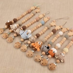Personalized Dummy Clip with Crocheted Animal | Custom Baby Name Pacifier Clip