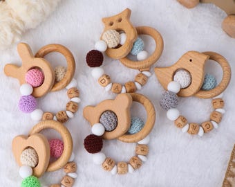 Custom Color Baby Sensory Toy | White Silicone & Crochet Ball Bracelet | Engraved Name Wooden Blocks