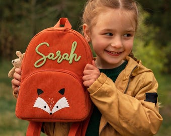 Personalized Corduroy Toddler Backpack with 3D Yarn Name, Animal Preschool Bag