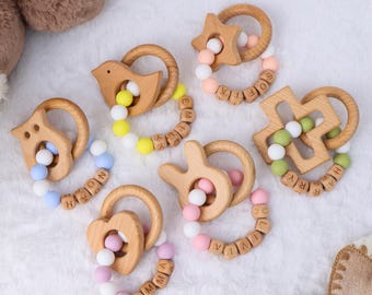 Personalized Baby Sensory Ring Toy | Custom Name with Wooden Alphabet & Silicone | Interactive Activity Ring