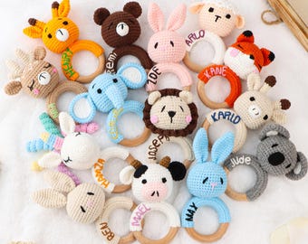 Personalized Crochet Animal Rattle: Embroidered Newborn Gift, Eco Beechwood