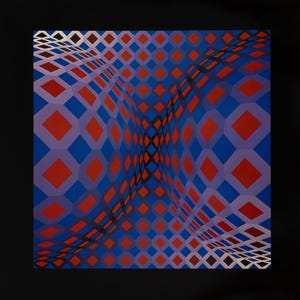 May include: Abstract artwork featuring a geometric pattern of red diamonds within blue and purple squares, creating a 3D effect. The design is set against a black background, with a wave-like distortion across the canvas.