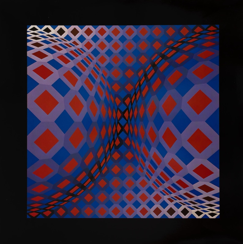 May include: Abstract artwork featuring a geometric pattern of red diamonds within blue and purple squares, creating a 3D effect. The design is set against a black background, with a wave-like distortion across the canvas.
