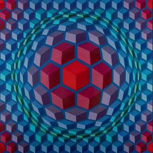 Puede incluir: Obra de arte geom&eacute;trica abstracta con un dise&ntilde;o esf&eacute;rico de cubos 3D. Los cubos son principalmente azules, con un grupo central de cubos rojos y granates. El fondo es un degradado de azules.