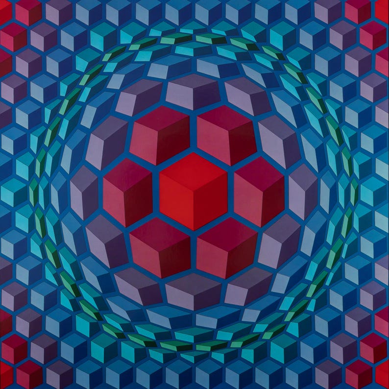 Puede incluir: Obra de arte geom&eacute;trica abstracta con un dise&ntilde;o esf&eacute;rico de cubos 3D. Los cubos son principalmente azules, con un grupo central de cubos rojos y granates. El fondo es un degradado de azules.