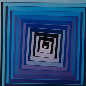 May include: Abstract geometric artwork featuring concentric squares in shades of blue, purple, and black. The design creates an optical illusion of depth and movement, with a central square receding into the background. The artwork is framed by a light blue border.
