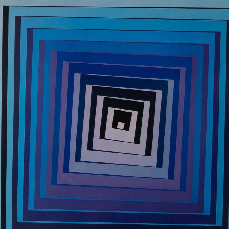May include: Abstract geometric artwork featuring concentric squares in shades of blue, purple, and black. The design creates an optical illusion of depth and movement, with a central square receding into the background. The artwork is framed by a light blue border.