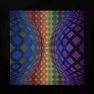 May include: An abstract, geometric artwork featuring a vibrant array of colors. The design showcases a repeating diamond pattern that creates a three-dimensional effect. The color palette includes shades of green, blue, purple, red, and orange.