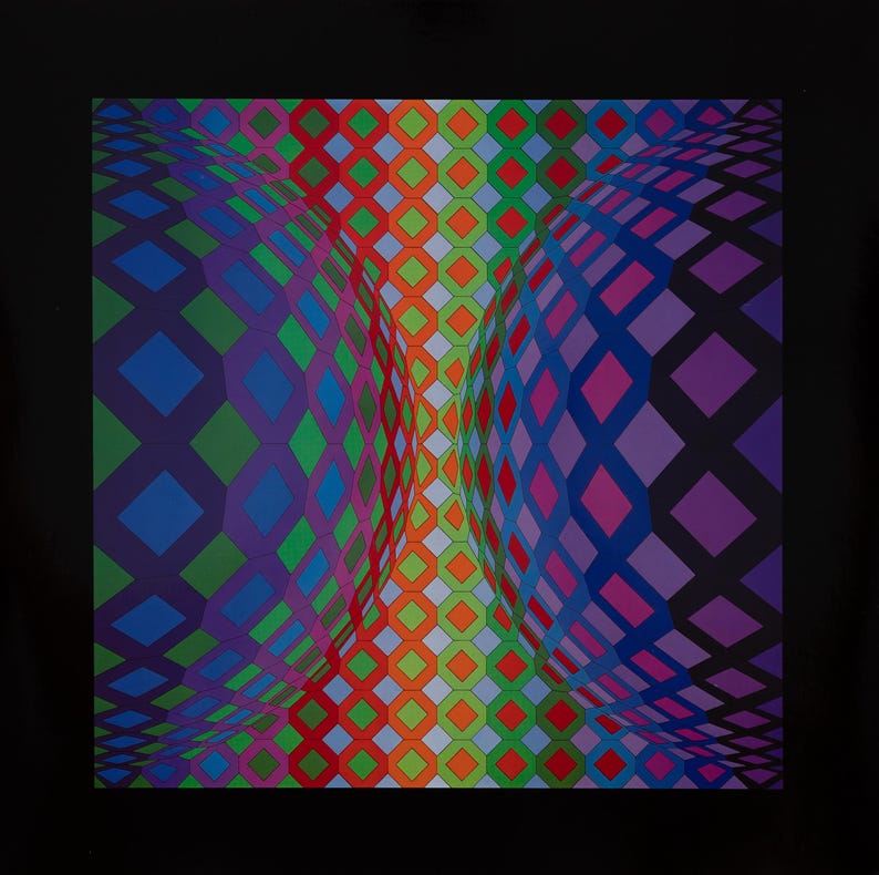 May include: An abstract, geometric artwork featuring a vibrant array of colors. The design showcases a repeating diamond pattern that creates a three-dimensional effect. The color palette includes shades of green, blue, purple, red, and orange.