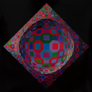K&ouml;nnte beinhalten: Ein lebendiges, geometrisches Kunstwerk mit einer Kugel aus bunten Quadraten und Achtecken. Die Kugel befindet sich in einer rautenf&ouml;rmigen Form, alles vor einem schwarzen Hintergrund. Die Farbpalette umfasst Rot, Blau, Gr&uuml;n und Lila.