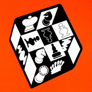 K&ouml;nnte beinhalten: Schwarz-wei&szlig;e Grafik eines W&uuml;rfels mit Schachfiguren auf jeder Seite. Die Schachfiguren umfassen einen K&ouml;nig, einen Springer, einen L&auml;ufer, einen Turm und einen Bauern. Der Hintergrund ist einfarbig orange.