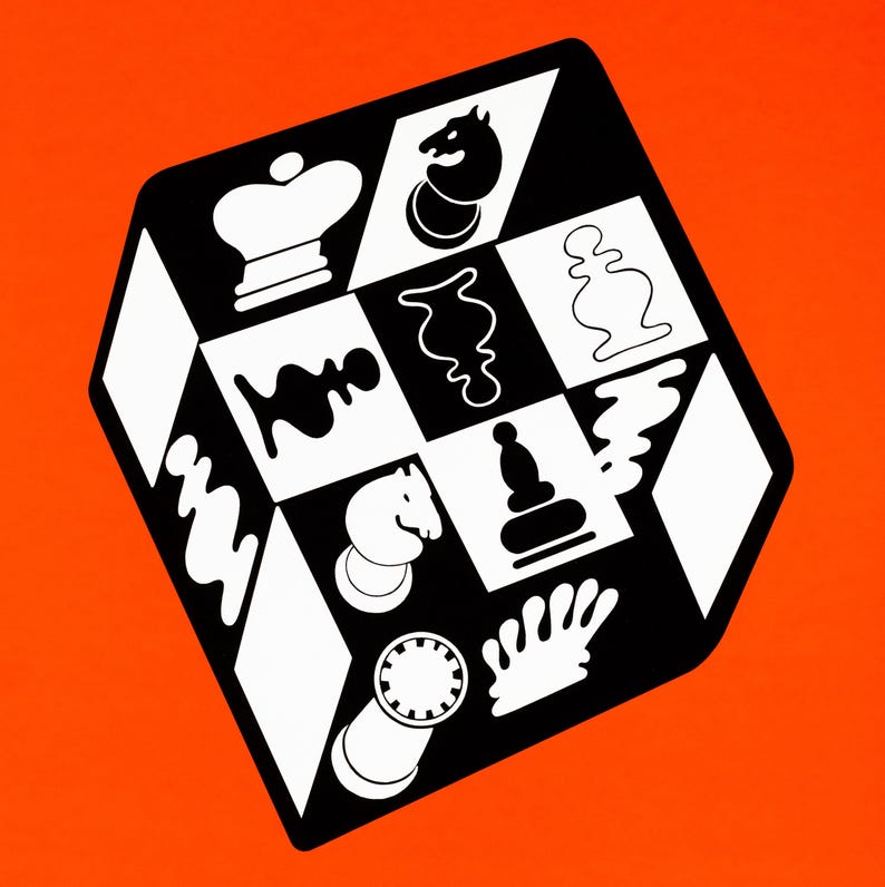 K&ouml;nnte beinhalten: Schwarz-wei&szlig;e Grafik eines W&uuml;rfels mit Schachfiguren auf jeder Seite. Die Schachfiguren umfassen einen K&ouml;nig, einen Springer, einen L&auml;ufer, einen Turm und einen Bauern. Der Hintergrund ist einfarbig orange.