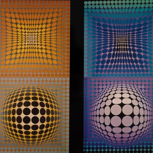 Puede incluir: Una obra de arte dividida en dos secciones distintas. El lado izquierdo muestra una esfera y un patr&oacute;n cuadrado en tonos naranja y amarillo. El lado derecho presenta una esfera y un patr&oacute;n cuadrado en azul, morado y blanco. La obra utiliza un patr&oacute;n de puntos.