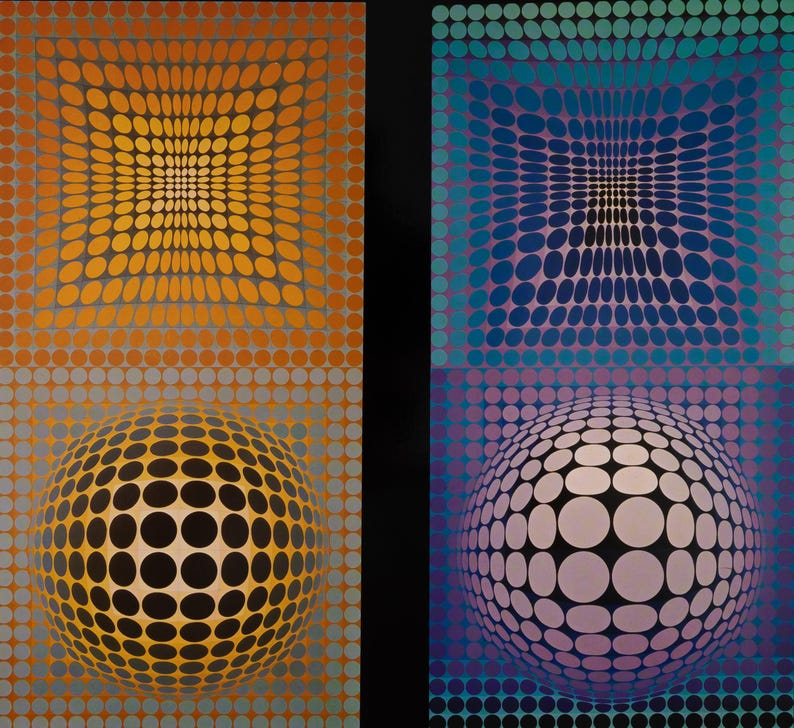 Puede incluir: Una obra de arte dividida en dos secciones distintas. El lado izquierdo muestra una esfera y un patr&oacute;n cuadrado en tonos naranja y amarillo. El lado derecho presenta una esfera y un patr&oacute;n cuadrado en azul, morado y blanco. La obra utiliza un patr&oacute;n de puntos.