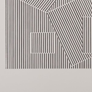 May include: Abstract black and white geometric art print. The design features a combination of vertical stripes and angled lines, creating a dynamic visual effect. The artwork is set against a neutral background, emphasizing the contrast of the black lines.