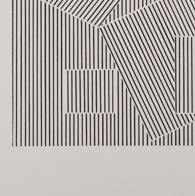 May include: Abstract black and white geometric art print. The design features a combination of vertical stripes and angled lines, creating a dynamic visual effect. The artwork is set against a neutral background, emphasizing the contrast of the black lines.