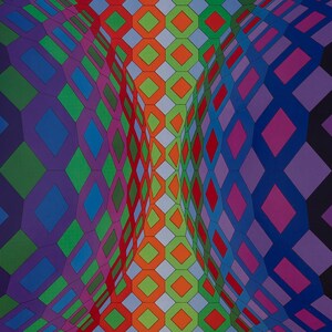 May include: Abstract artwork featuring a distorted, curved pattern of colorful diamond shapes. The design incorporates a range of colors, including blue, green, orange, red, and purple, creating a visually dynamic and optical illusion.