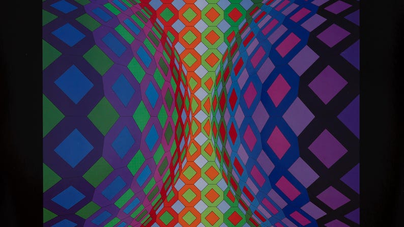 May include: Abstract artwork featuring a distorted, curved pattern of colorful diamond shapes. The design incorporates a range of colors, including blue, green, orange, red, and purple, creating a visually dynamic and optical illusion.