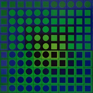 May include: Abstract geometric artwork featuring a grid of alternating circles and squares. The design uses a palette of blues, greens, and black, creating a visually dynamic composition. The shapes are evenly spaced, forming a structured pattern.