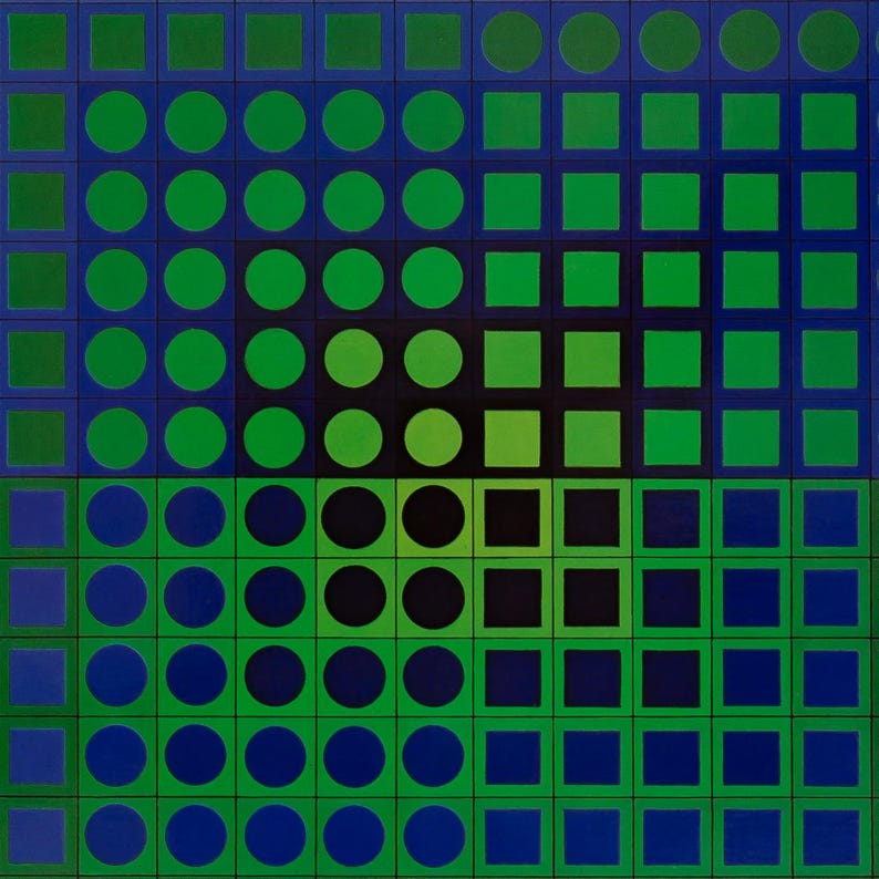 May include: Abstract geometric artwork featuring a grid of alternating circles and squares. The design uses a palette of blues, greens, and black, creating a visually dynamic composition. The shapes are evenly spaced, forming a structured pattern.