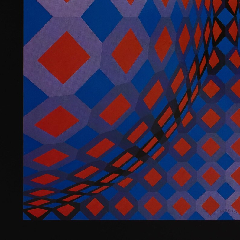 May include: Abstract geometric artwork featuring a repeating pattern of blue, purple, and red diamond shapes. The design creates a sense of depth and movement, with a curved, three-dimensional effect. The artwork is set against a black background.