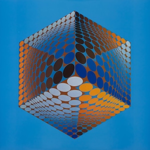 May include: An abstract geometric artwork featuring a three-dimensional cube illusion. The cube is composed of a pattern of colorful, overlapping ovals in shades of brown, blue, orange, and white against a solid blue background. The artwork creates a sense of depth and movement.