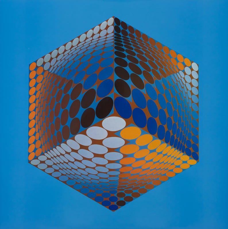 May include: An abstract geometric artwork featuring a three-dimensional cube illusion. The cube is composed of a pattern of colorful, overlapping ovals in shades of brown, blue, orange, and white against a solid blue background. The artwork creates a sense of depth and movement.