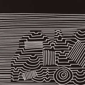 May include: Abstract black and white artwork featuring geometric shapes and lines. The design includes a series of horizontal lines at the top and a collection of shapes with varying patterns and textures, including circles and rectangles.