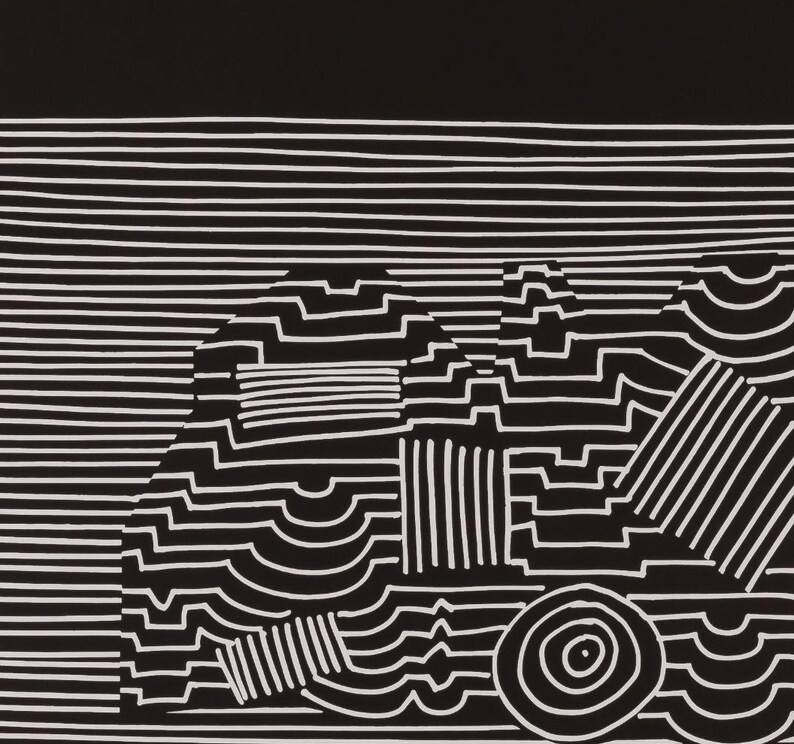 May include: Abstract black and white artwork featuring geometric shapes and lines. The design includes a series of horizontal lines at the top and a collection of shapes with varying patterns and textures, including circles and rectangles.