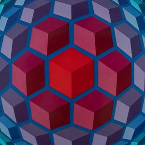 Puede incluir: Obra de arte geom&eacute;trica abstracta que presenta un dise&ntilde;o esf&eacute;rico compuesto por cubos tridimensionales. Los cubos son en tonos de rojo, morado y azul, dispuestos sobre un fondo azul. El cubo central es de un rojo vibrante.