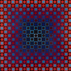 K&ouml;nnte beinhalten: Abstrakte geometrische Kunst mit einem sich wiederholenden Muster aus roten Kreisen und Quadraten, abwechselnd mit blauen Kreisen und Quadraten, auf schwarzem Hintergrund. Die Mitte geht in ein dunkelblaues und schwarzes Muster &uuml;ber.
