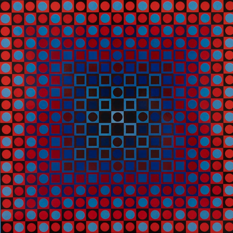 K&ouml;nnte beinhalten: Abstrakte geometrische Kunst mit einem sich wiederholenden Muster aus roten Kreisen und Quadraten, abwechselnd mit blauen Kreisen und Quadraten, auf schwarzem Hintergrund. Die Mitte geht in ein dunkelblaues und schwarzes Muster &uuml;ber.