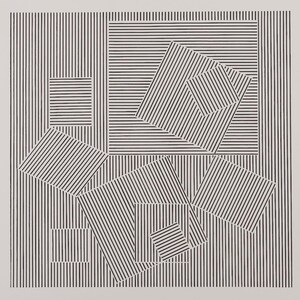 May include: Abstract black and white geometric art print. The artwork features a series of intersecting shapes and lines, creating a dynamic and visually engaging composition. The design uses a combination of vertical and horizontal lines to form squares and rectangles.