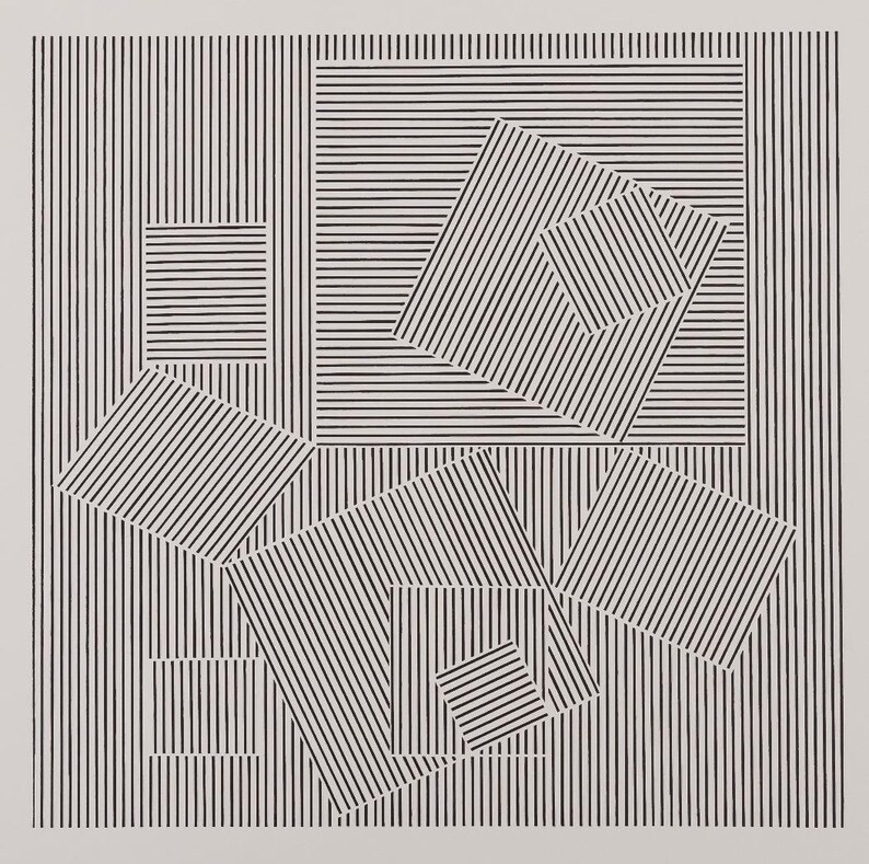 May include: Abstract black and white geometric art print. The artwork features a series of intersecting shapes and lines, creating a dynamic and visually engaging composition. The design uses a combination of vertical and horizontal lines to form squares and rectangles.