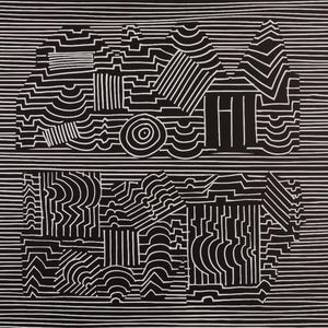 May include: Abstract black and white artwork featuring geometric shapes and patterns. The design includes lines, curves, and various geometric forms, creating a visually dynamic composition. The artwork is set against a background of horizontal lines.