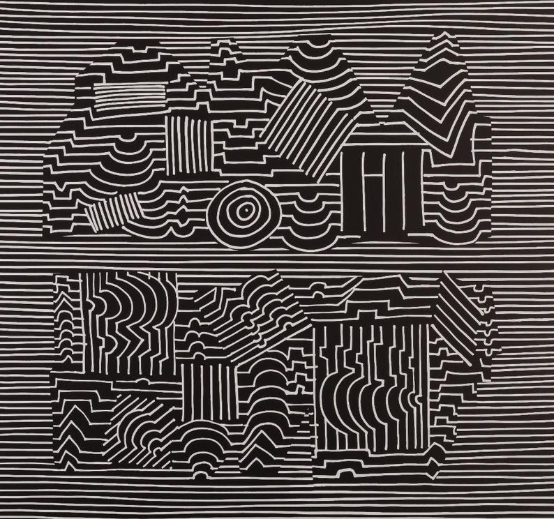 May include: Abstract black and white artwork featuring geometric shapes and patterns. The design includes lines, curves, and various geometric forms, creating a visually dynamic composition. The artwork is set against a background of horizontal lines.