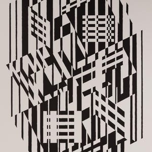 May include: Abstract black and white geometric art print. The artwork features a complex arrangement of vertical lines, rectangles, and angled shapes, creating a dynamic and visually engaging composition. The design is set against a white background.