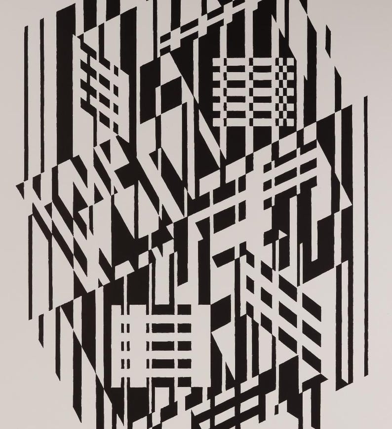 May include: Abstract black and white geometric art print. The artwork features a complex arrangement of vertical lines, rectangles, and angled shapes, creating a dynamic and visually engaging composition. The design is set against a white background.
