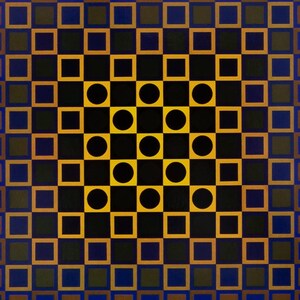 May include: Abstract geometric artwork featuring a repeating pattern of squares and circles. The design uses a color palette of black, gold, and blue, creating a visually striking and symmetrical composition. The artwork has a modern aesthetic.