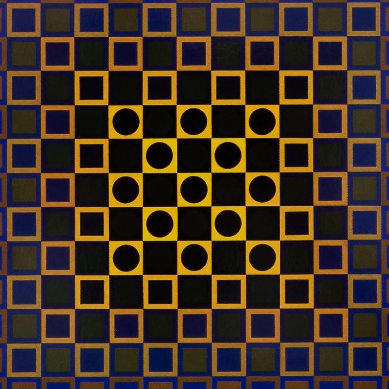 May include: Abstract geometric artwork featuring a repeating pattern of squares and circles. The design uses a color palette of black, gold, and blue, creating a visually striking and symmetrical composition. The artwork has a modern aesthetic.