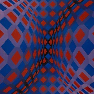 May include: Abstract artwork featuring a repeating pattern of red diamonds within blue and purple geometric shapes. The design creates a three-dimensional effect, with a curved, wave-like appearance. The color palette includes shades of red, blue, purple, and black.