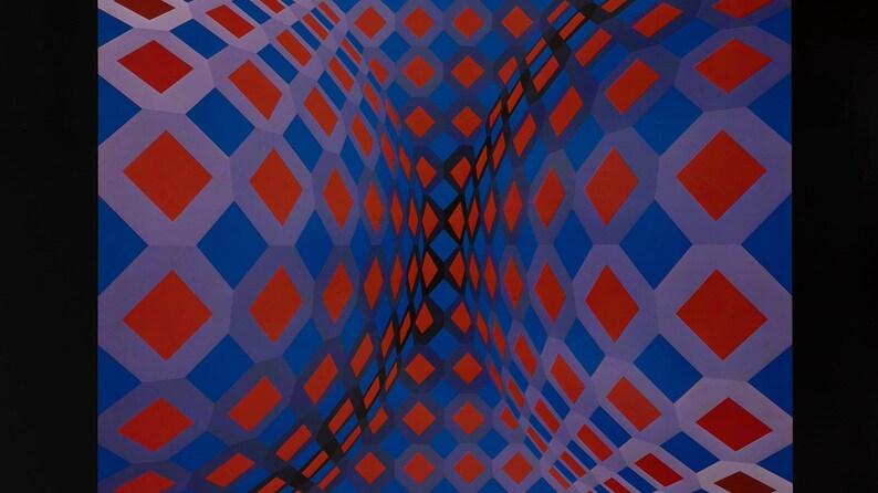 May include: Abstract artwork featuring a repeating pattern of red diamonds within blue and purple geometric shapes. The design creates a three-dimensional effect, with a curved, wave-like appearance. The color palette includes shades of red, blue, purple, and black.