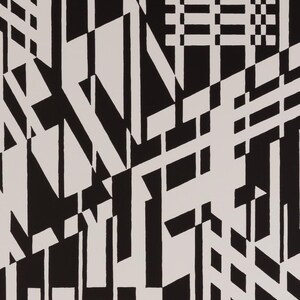 May include: Abstract black and white geometric pattern. The design features a complex arrangement of intersecting lines, rectangles, and triangles. The shapes are arranged to create a dynamic and visually engaging composition.