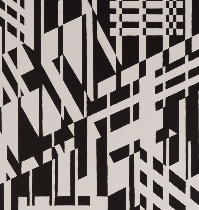 May include: Abstract black and white geometric pattern. The design features a complex arrangement of intersecting lines, rectangles, and triangles. The shapes are arranged to create a dynamic and visually engaging composition.