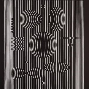 Peut inclure: Impression artistique abstraite en noir et blanc. L'œuvre présente une série de lignes blanches verticales qui créent une illusion de profondeur et de forme. Diverses formes et motifs, dont des cercles et des courbes, sont intégrés dans le design.